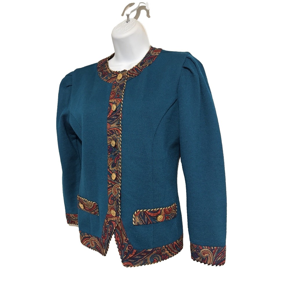 Vtg 80s Jeffrey & Dara Teal Knit Jacket~4P~ Puff Slvs Paisley Trim Grandmacore